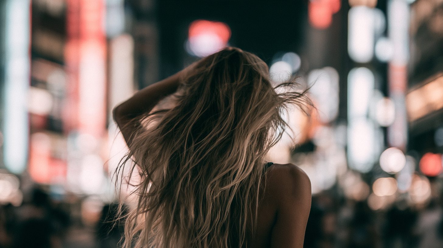 Eine Frau von hinten mit der Hand im Haar, nachts in einer Neon-Straße in Japan