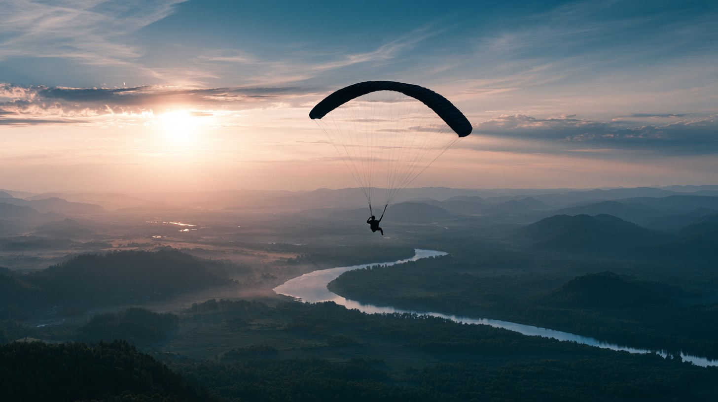 Ein Fallschirmspringer, der im ruhigen Gleitflug über einer weiten Landschaft schwebt - Sinnbild für Airtime und das bewusste Langsamerwerden